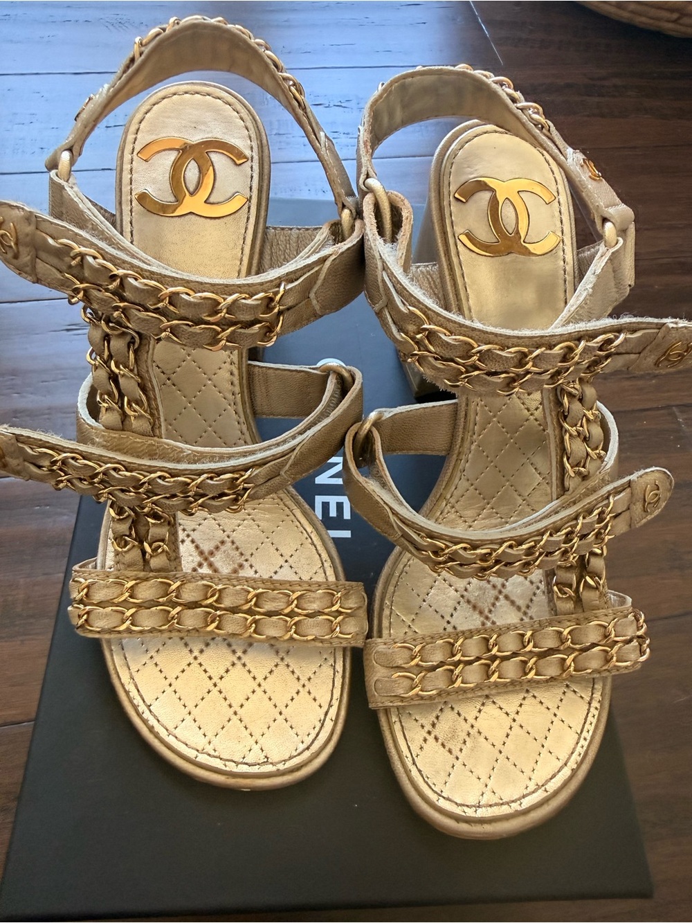CHANEL Gold Quilted Chain-Trim Heel Strap Sandals with box - Picture 2 of 6